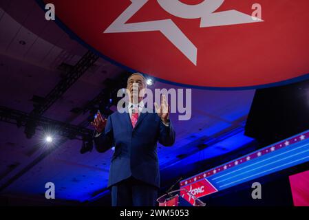 Oxon Hill, Usa. Februar 2024. Nigel Farage bei der Konservativen Politischen Aktionskonferenz 2024 in National Harbor, Maryland, USA, am Freitag, den 23. Februar, 2024. Foto: Annabelle Gordon/CNP/ABACAPRESS.COM Credit: abaca Press/Alamy Live News Stockfoto