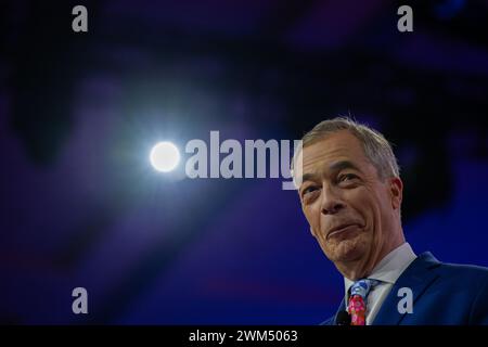 Oxon Hill, Usa. Februar 2024. Nigel Farage bei der Konservativen Politischen Aktionskonferenz 2024 in National Harbor, Maryland, USA, am Freitag, den 23. Februar, 2024. Foto: Annabelle Gordon/CNP/ABACAPRESS.COM Credit: abaca Press/Alamy Live News Stockfoto