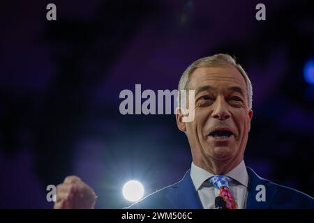 Oxon Hill, Usa. Februar 2024. Nigel Farage bei der Konservativen Politischen Aktionskonferenz 2024 in National Harbor, Maryland, USA, am Freitag, den 23. Februar, 2024. Foto: Annabelle Gordon/CNP/ABACAPRESS.COM Credit: abaca Press/Alamy Live News Stockfoto