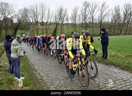 Gent, Belgien. Februar 2024. Die Gruppe von Fahrern, die während der 79. Auflage des eintägigen Radrennens Omloop Het Nieuwsblad (UCI World Tour), 202 km von Gent nach Ninove, am Samstag, den 24. Februar 2024, in Aktion genommen wurden. BELGA FOTO DIRK WAEM Credit: Belga News Agency/Alamy Live News Stockfoto