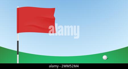 Golfball in der Nähe der roten Flagge auf einem üppigen grünen Kurs auf einem blauen Himmel Hintergrund, Vektor-Illustration. Stock Vektor