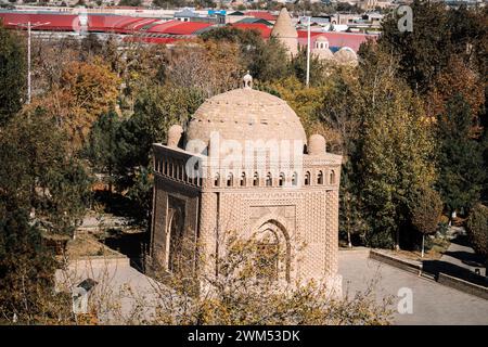 Außenansicht des Samaniden Mausoleums, Ornamente an den Wänden, antike orientalische Architektur, Kulturerbe, traditionelle Kunst, Buchara, Usbekistan Stockfoto