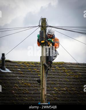 Ein Mitarbeiter von British Telecom/BT OPENREACH, Telekommunikationsingenieur hoch oben, der an einem Telegrafenmast/Strommasten arbeitet, in Hertfordshire, England, Großbritannien Stockfoto