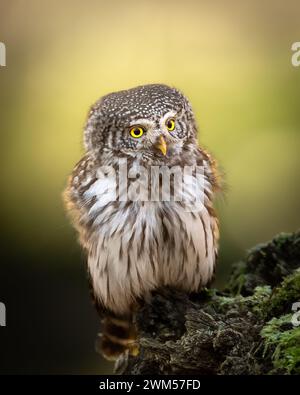 Zwergkauz Glaucidium passerinum kleiner Eule natürlicher dunkler Wald nördlich von Polen Europa Stockfoto