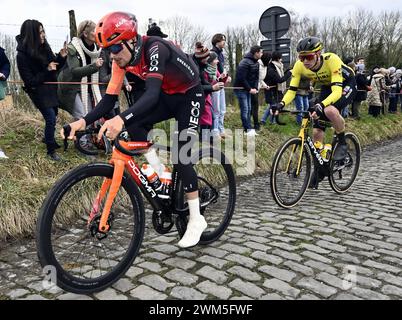 Gent, Belgien. Februar 2024. Die 79. Auflage des eintägigen Radrennens für Herren Omloop Het Nieuwsblad (UCI World Tour), 202 km von Gent nach Ninove, Samstag, den 24. Februar 2024. BELGA FOTO DIRK WAEM Credit: Belga News Agency/Alamy Live News Stockfoto