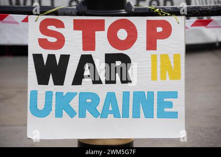 London, Großbritannien. Februar 2024. Am zweiten Jahrestag der russischen Invasion in die Ukraine marschierten Demonstranten vom Marmorbogen zum Trafalgar-Platz, um die Ukraine zu unterstützen. Sie forderten ein Ende der russischen Invasion und forderten mehr militärische Hilfe von westlichen Nationen. Quelle: Sinai Noor/Alamy Live News Stockfoto