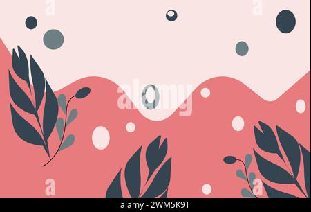 Abstrakter Hintergrund mit Blättern und Punkten. Abbildung in flacher Ausführung. Natur Hintergrund mit tropischen Blättern. Abstraktes Hintergrundbild. Stockfoto
