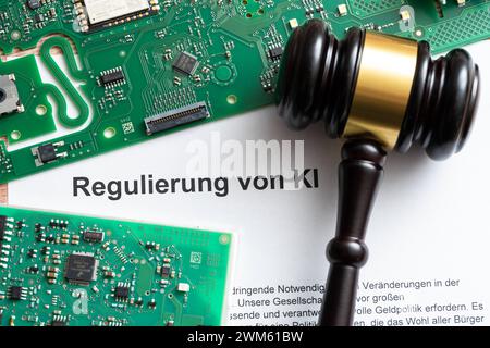 Augsburg, Bayern, Deutschland - 24. Februar 2024: Dokument mit Computerplatine und Richterhammer mit Aufschrift: Regulierung von KI *** Dokument mit Computerplatine und Richterhammer mit Aufschrift: Regulierung von KI Stockfoto