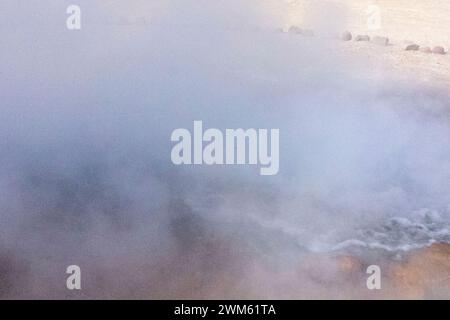 Tatio Geysire, San Pedro de Atacama, Chile. Vulkanische heiße Quellen, die das heiße Wasser und die Dampfbrunnen dramatisch aus dem Boden erzeugen. Stockfoto