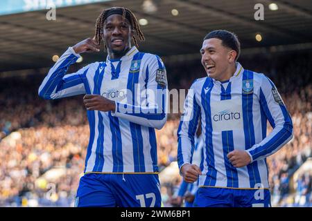 Sheffield, Großbritannien. Februar 2024. Sheffield Wednesday Stürmer Ike Ugbo (12) erzielt ein TOR 1-0 und feiert am 24. Februar 2024 im Hillsborough Stadium, Sheffield, Vereinigtes Königreich beim SKY Bet EFL Championship Match Sheffield Wednesday FC gegen Bristol City FC. Credit: Every Second Media/Alamy Live News Stockfoto