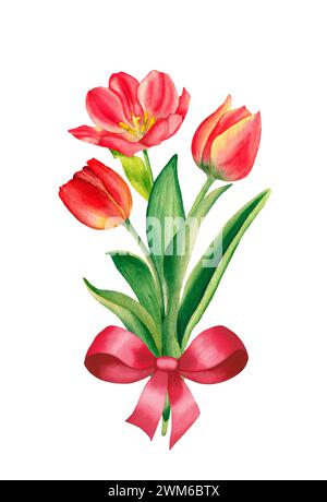 Tulpenstrauß. Aquarellillustration, isoliert auf weißem Hintergrund. Zur Dekoration und Gestaltung von Drucken, Karten, Stoffen, Textilien, Feiertagen Stockfoto