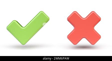 Grünes korrektes und rotes falsches Zeichen 3D-Rendering-Illustration isoliert auf weißem Hintergrund Stockfoto
