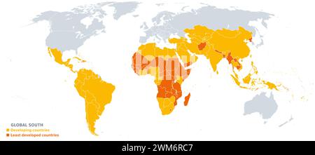 Die politische Weltkarte des Globalen Südens, die Entwicklungsländer oder Gebiete gelb markiert, die am wenigsten entwickelten Länder orange. Stockfoto