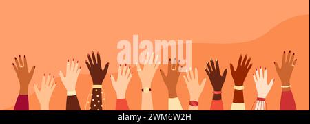 Hände von Frauen verschiedener Nationalitäten und Hauttöne, die nach oben reichen. Illustration des flachen Vektors Stock Vektor