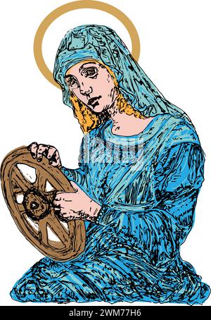 Hand gezeichnete Vektor-Illustration Ikone der heiligen Katharina, die ein Rad hält Stock Vektor