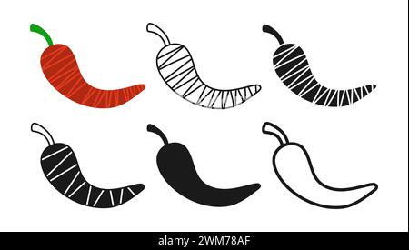 Rotes, heißes Chili-Pfeffer-Pod lineares Symbol, Zeichentricksymbol Set. Handgezeichnetes Design mit roter Chilischote. Einfaches Zeichen würzig und scharfer Pfeffer. Symbol für Infografik, Logo-Vektor der Website-App Stock Vektor