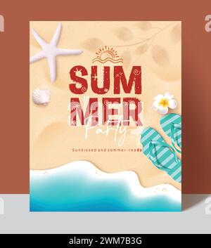 Vektor-Poster-Design für Sommerpartys. Sommer-Einladungskarte mit Flipflop- und Muschelelementen im Strand-Meeresufer-Hintergrund für Veranstaltung Stock Vektor