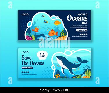 Oceans Day Horizontal Banner Flat Cartoon Hand Gezeichnete Vorlagen Hintergrund Illustration Stock Vektor