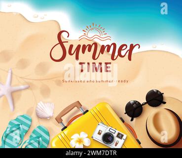 Sommerzeit Text Vektor-Design. Begrüßungstext im Sommer mit Gepäck, Kamera, Hut und Flipflop-Strandelementen im Hintergrund am Meer für tropische Tiere Stock Vektor