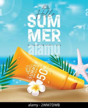 Sommer-Hello-Text-Vektor-Poster-Design. Hallo Sommergrußtext mit Sonnenschutz-Reiseelementen für Strandreisen Stock Vektor