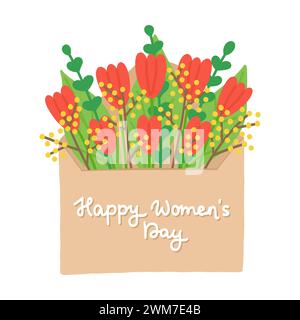 Umschlag mit roten Tulpen zum Internationalen Frauentag. Handgezeichnetes flaches Cartoonelement. Vektorabbildung Stock Vektor