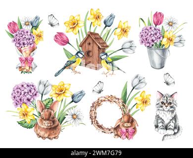 Aquarellset mit Frühlingsillustrationen mit Vögeln, Blumen, Kaninchen, Katze im Vintage-Stil. Isolierte Illustrationen auf weißem Hintergrund. Ausschneiden Stockfoto