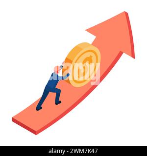Flache 3D Isometrische Geschäftsmann Push Coin auf Wachstumskurve. Finanz- und langfristiges Investitionskonzept. Stock Vektor