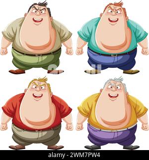 Vier fröhliche Comic-Männer in bunten Outfits. Stock Vektor