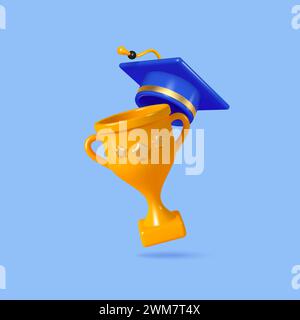 3D-Trophäe mit Graduierungskappe. Stock Vektor