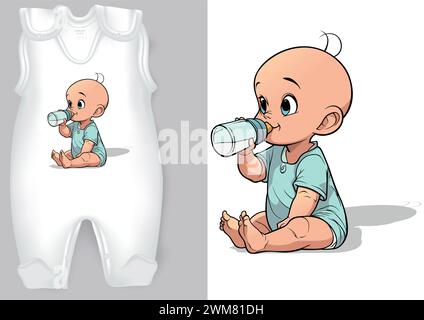 Weiße Baby-Strampler mit einem Cartoon-Motiv eines Neugeborenen Stock Vektor