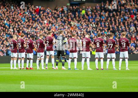 Glasgow, Großbritannien. Februar 2024. Rangers FC spielte Heart of Midlothian FC in einem Spiel der schottischen Premiership im Ibrox Stadium, Glasgow, Schottland. Zu diesem Zeitpunkt sind die Rangers auf dem ersten Platz in der Liga und 2 Punkte vor ihrem nächsten Konkurrenten Celtic. Die Herzen sitzen an dritter Stelle, also ist dies ein wichtiges Spiel für beide Teams. Quelle: Findlay/Alamy Live News Stockfoto