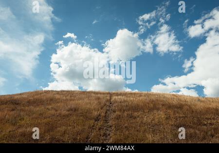 Bis zum Himmel - schmaler bergauf. Trockenes Gras im Vordergrund und dunkelblauer Himmel mit wenigen Wolken. Blick auf den Himmel. Stockfoto