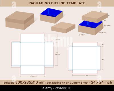 Zweiteilige breitere Box mit Bodenplatte 300x285x100 mm, Deckel H=45 mm Dieline Vorlage Stock Vektor