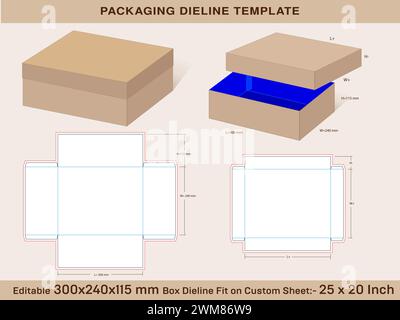 Zweiteilige Bodenplatte mit rechteckigem Grundgehäuse 300 x 240 x 115 mm, Deckel H = 45 mm Matrizenschablone Stock Vektor