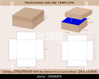 Zweiteilige quadratische Box mit Bodenplatte 275 x 275 x 110 mm, Deckel H = 85 mm Matrizenschablone Stock Vektor