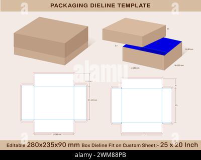 Zweiteiliger Schuh niedrige Höhe Box 280x235x90 mm Deckel H=70 mm Dieline Vorlage Stock Vektor