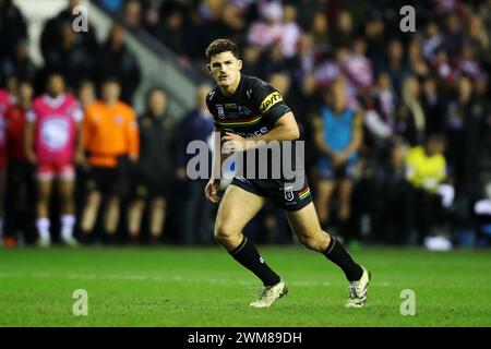 Nathan Cleary von Penrith Panthers während des Spiels der Betfred World Club Challenge im DW Stadion in Wigan. Bilddatum: Samstag, 24. Februar 2024. Stockfoto