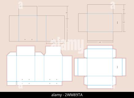 Schiebeschale mit Seilgriff Schuh Box Mini Größe 8,5 x 6x3 Zoll Box Matrize Line Template | herausziehbare Schublade mit Seilgriff starre Box Dieline Vorlage Stock Vektor