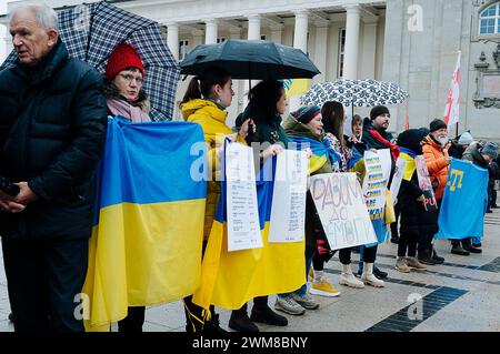 © Jan Schmidt-Whitley/Le Pictorium/MAXPPP - Vilnius 24/02/2024 Jan Schmidt-Whitley/Le Pictorium - 24/02/2024 - lituanie/Vilnius - Quelques milliers de personnes se sont reunies a Vilnius a l'event de l'anniversaire de l'Invasion de l'Ukraine par la Russie. Les manifestants portaient des drapeaux lituaniens, ukrainiens et bielorusses. - Valeurs ACtuelles out, RUSSLAND OUT, NO RUSSIA #norussia, no jdd, jdd out/24/02/2024 - litauen/Wilna - Ein paar tausend Menschen versammelten sich in Vilnius, um den Jahrestag der russischen Invasion in der Ukraine zu feiern. Die Demonstranten trugen Litauisch Ukr Stockfoto