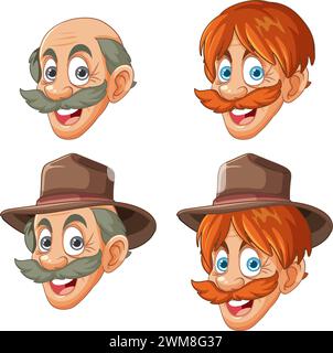 Vier männliche Comic-Gesichter mit unterschiedlichen Ausdrücken. Stock Vektor