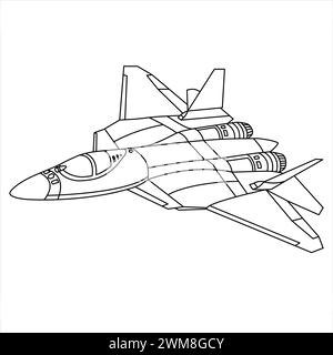 Sukhoi Su-57 Jet Fighter - Russisches Tarnflugzeug Outline Design. Farbseite Für Flugzeuge. Cartoon Flugzeug isoliert auf weißem Hintergrund Stock Vektor