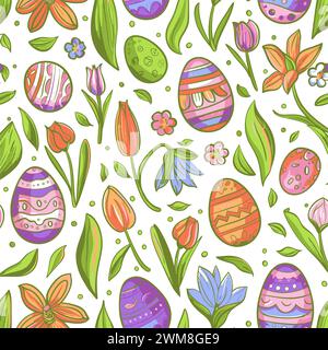 Ostermuster, Frühlingsblumen und bunt verzierte Eier auf weißem Hintergrund, Vektorillustration Stock Vektor