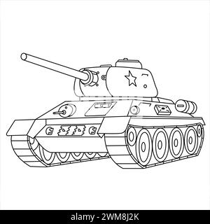 Sowjetischer Panzer T-34. Malbuch Für Militärfahrzeuge Für Kinder Und Erwachsene. Russischer Kampfpanzer aus dem Zweiten Weltkrieg isoliert auf weißem Hintergrund. Tankzeichnung Stock Vektor