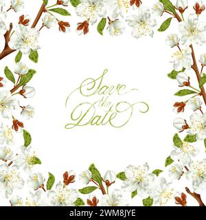 Federrahmen mit Kirschblüten. Weiße Blüten. Hochzeitseinladung, Banner, Grußkarte. Stock Vektor