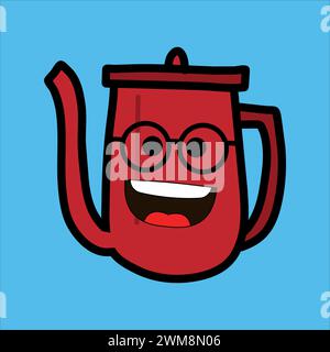 Kunst Illustration Symbol flache Icon Buntes Design Konzept Logo der Kawaii Kritzeltee Kaffeekanne Stock Vektor