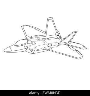 F-22 Raptor Flugzeugumrissdarstellung. Ausmalbuch Für Militärflugzeuge. Schwarz-Weiß-Kampfflugzeug Zeichenlinie Kunstvektor. War Plane Contour (Kontur Der Kriegsebene) Stock Vektor