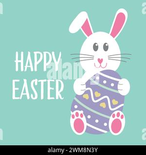 Süßer Osterhase Mit Buntem Ei. Frohe Ostern Illustration. Cartoon Hand Gezeichnetes Kaninchen. Happy Easter Grußkarte Stock Vektor