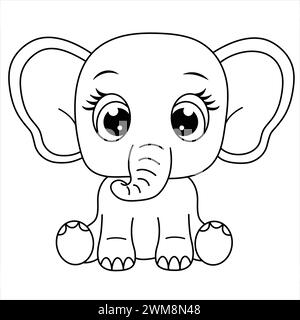 Ausmalseite Für Süße Elefanten. Zeichentrickfilm Baby Elefant Illustration Für Kinder. Safari Tiermalbuch. Schwarzweiß-Strichgrafik Stock Vektor