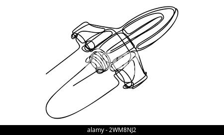 Abstrakte einzeilige Zeichnung eines fiktiven Flugzeugs, schwarze durchgehende Linienkunst auf weißem Hintergrund. Stock Vektor