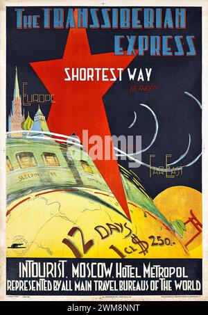 Vintage-Reiseplakat für den Transsibirischen Express-Zug von Intourist, der russischen Tourismusagentur 1930er (englische Version) Transsibirischer Express Stockfoto